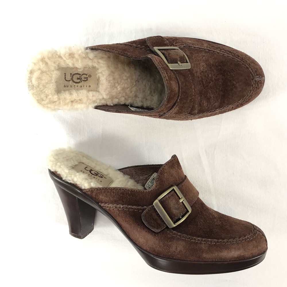 UGG Brown Suede Shearling-Trim Heeled Mules